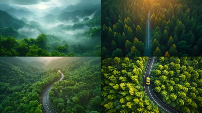 航拍绿色森林晨雾山间公路河流