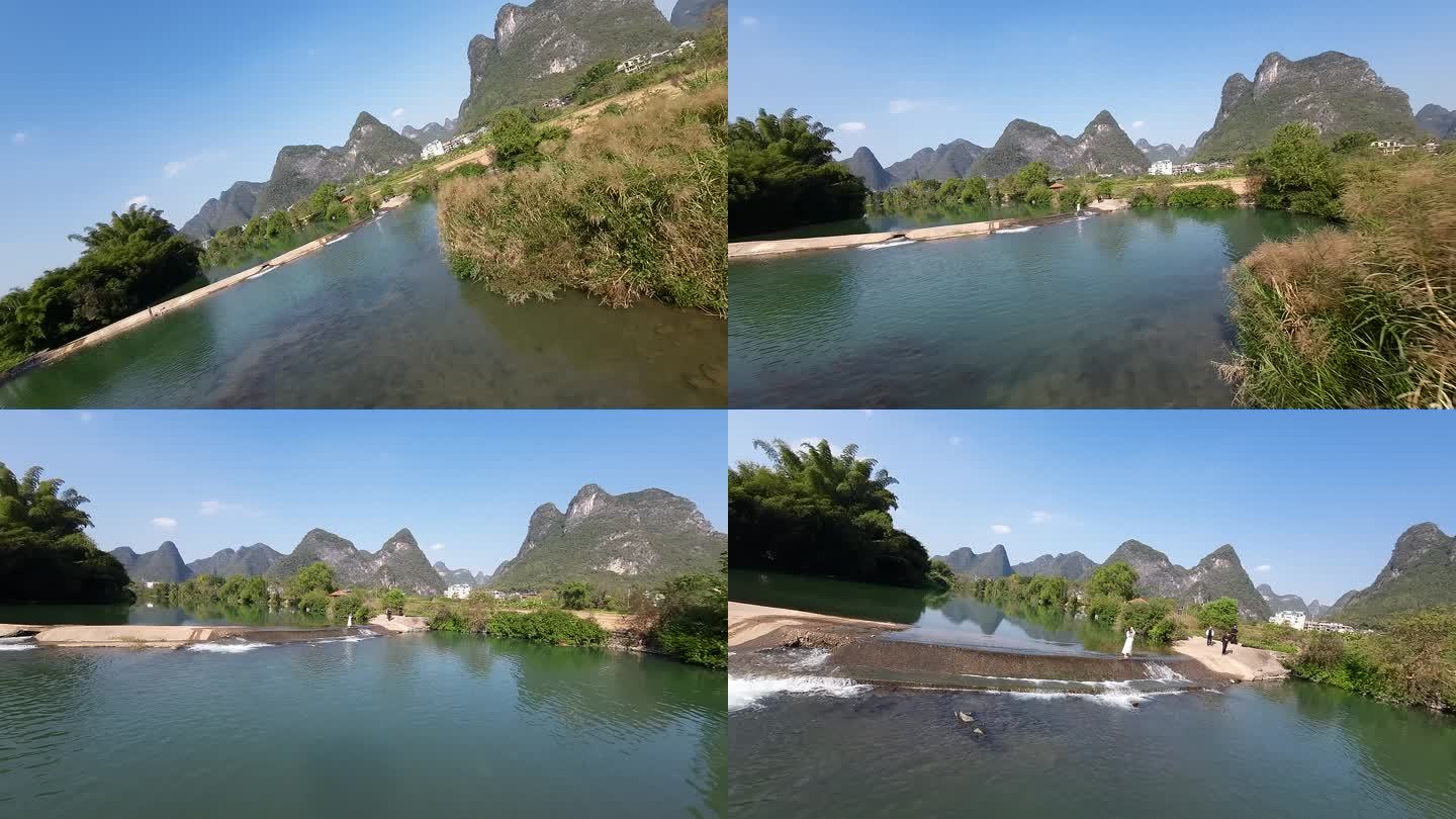 桂林山水阳朔水面穿越机拍摄环绕贴水