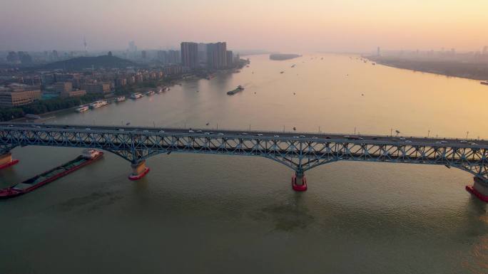 南京长江大桥城落日夕阳市风光航运交通航拍