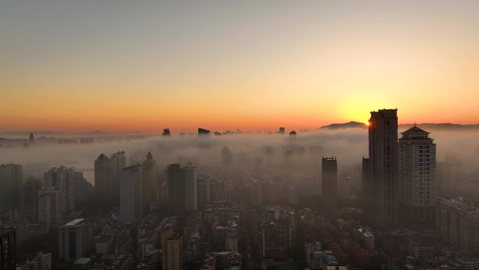 城市市中心清晨日出朝霞平流雾