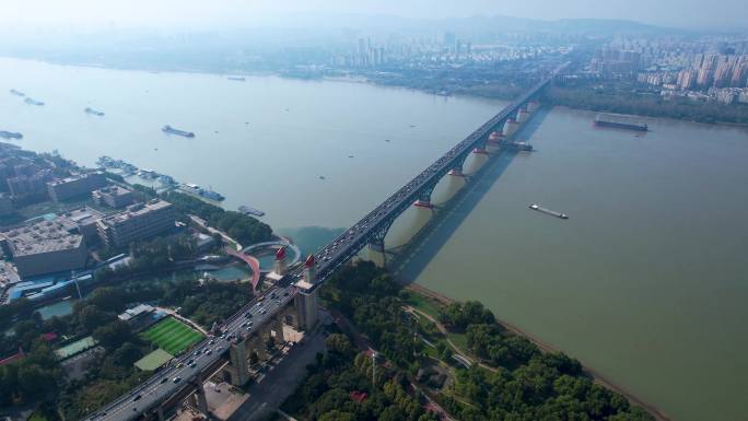 南京长江大桥铁路公路桥城市风光航运航拍