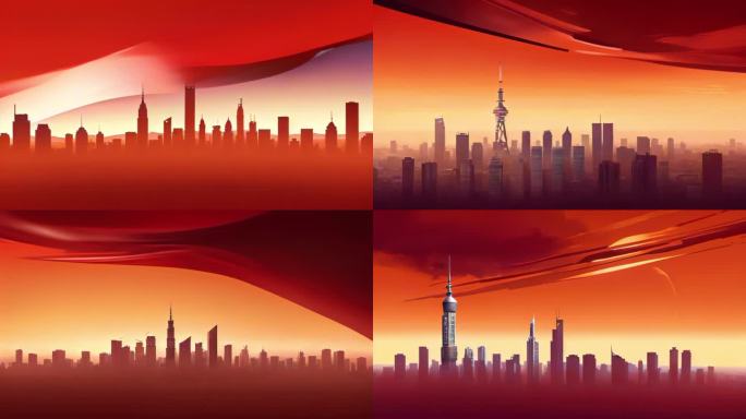 ｛合集｝城市剪影红色主题背景
