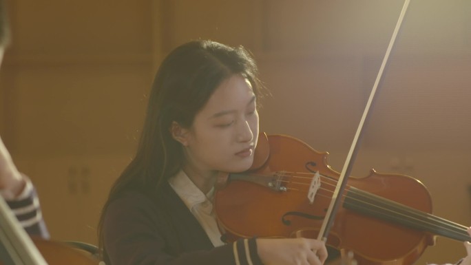 唯美学生室内拉小提琴艺术家优雅练习管弦乐