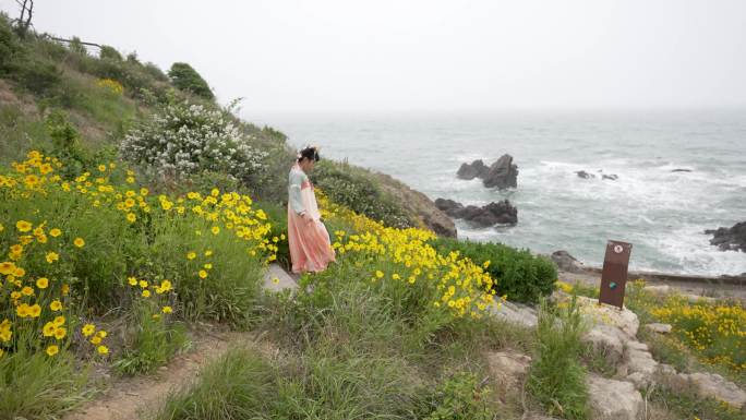 古装少女漫步海边花海，黄花粉花美丽绽放