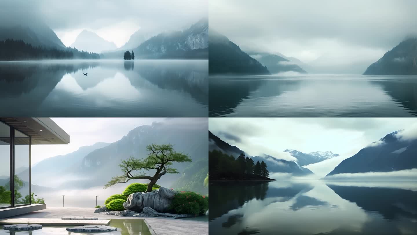 极简 自然山水意境 空灵 森林湖水云雾
