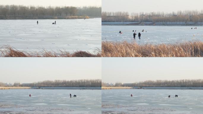 冬天在结冰上钓鱼