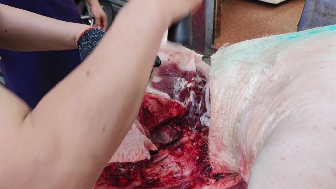 生活市场猪肉摊卖肉行杀猪零售屠夫猪肉销售