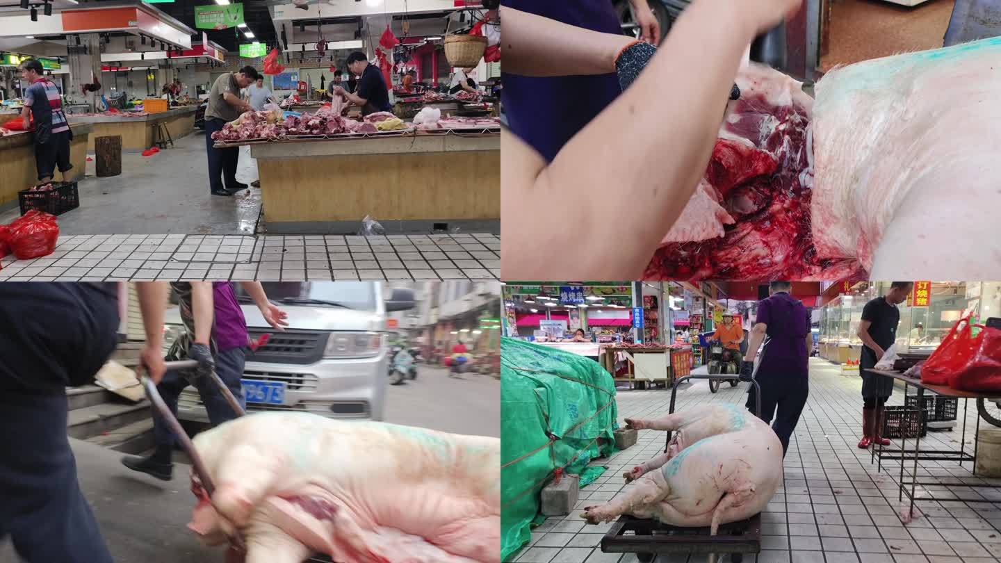 生活市场猪肉摊卖肉行杀猪零售屠夫猪肉销售
