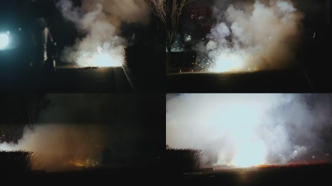 透过车辆拍摄夜晚接亲放鞭炮