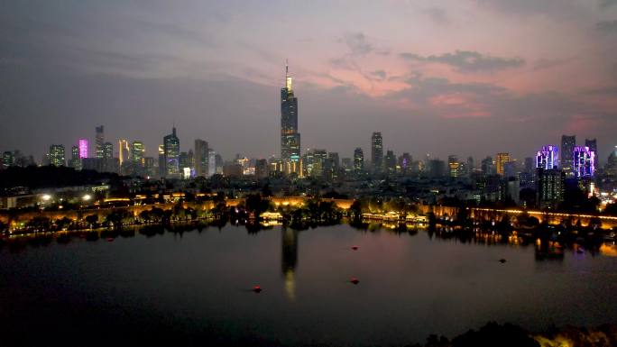 南京夜景玄武湖城市风光晚霞落日风光航拍