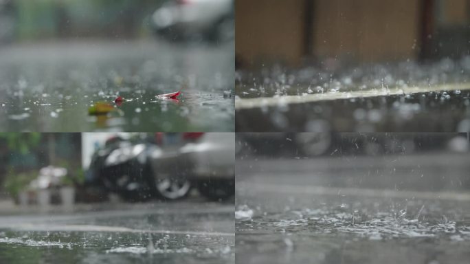 城市雨滴落到地面溅起水花