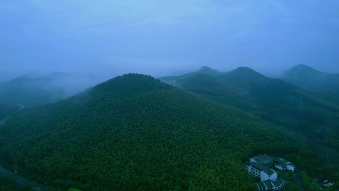 清晨茶园小山村云雾缭绕