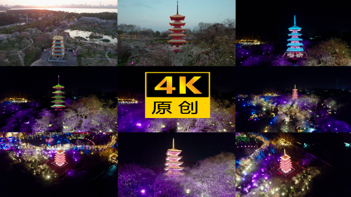 4k合集-武汉市东湖樱花园五重塔夜景航拍