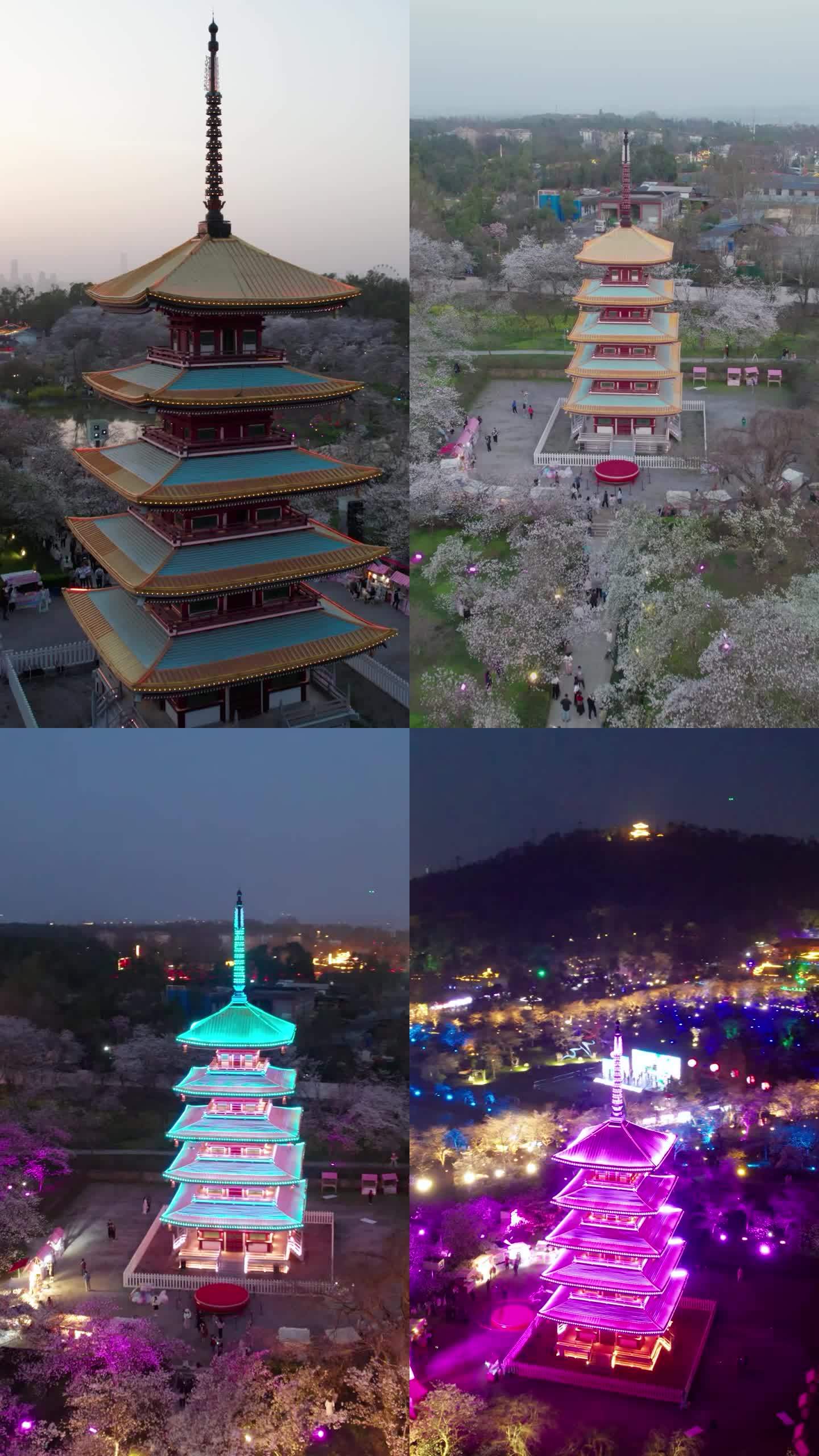 竖屏风光-武汉市东湖樱花园五重塔夜景航拍