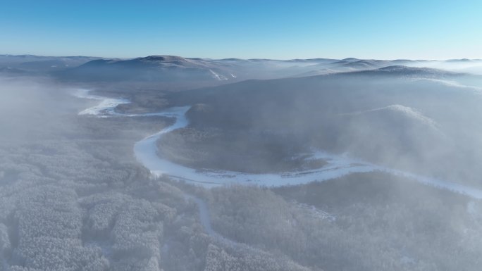 航拍寒冬林海雪原冰河冻雾