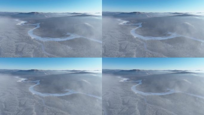 航拍寒冬林海雪原冰河冻雾