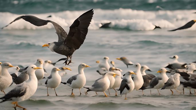 一群慢动作的鸟海鸥