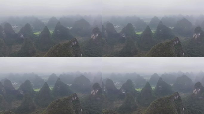 广西桂林航拍云雾中的阳朔群山风光