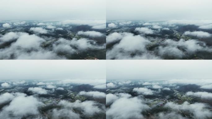 春天桂林山区雨后云雾缭绕中的高速公路