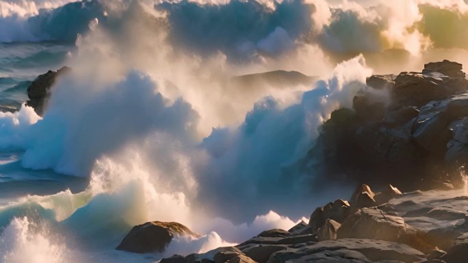 海浪拍打礁石激起巨大的浪花