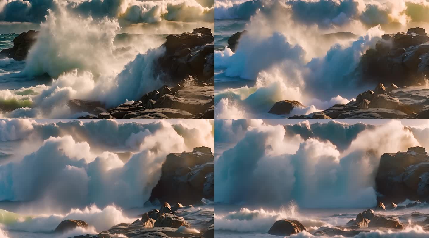海浪拍打礁石激起巨大的浪花