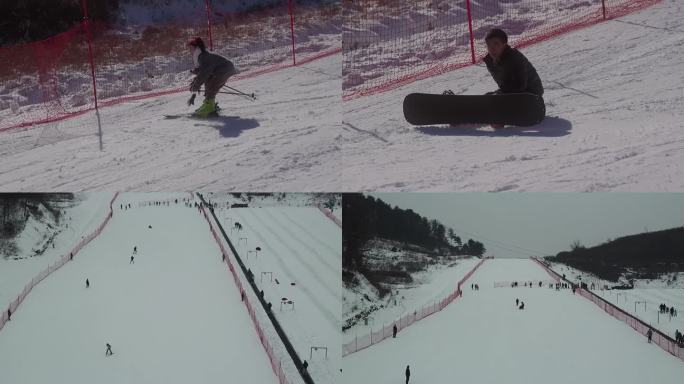 航拍滑雪场滑雪练习摔倒素材
