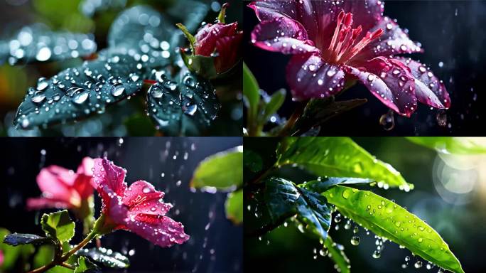 花瓣叶子上的雨水特写