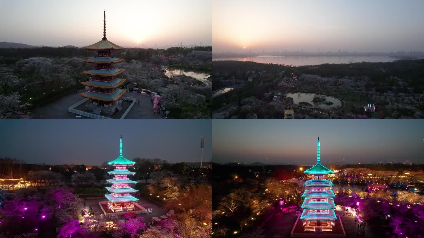 武汉市东湖樱花园五重塔夜景航拍4k