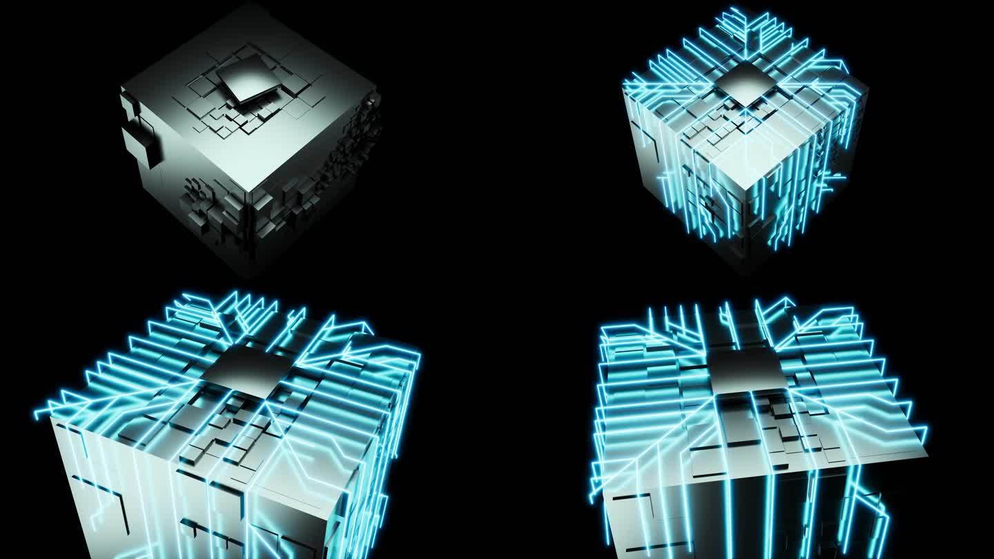 科幻几何体立方体芯片概念动画3D渲染