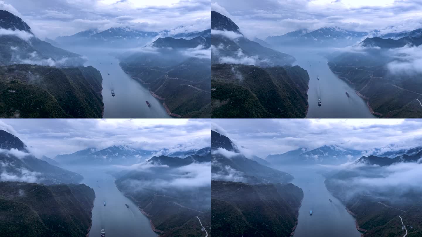 三峡西陵峡段航拍延时雨后峡江薄雾