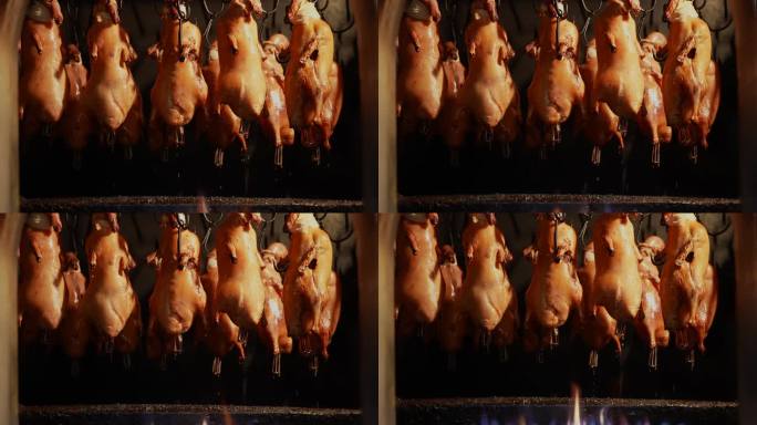 4K实拍烤炉内的烤鸭北京烤鸭制作过程美食