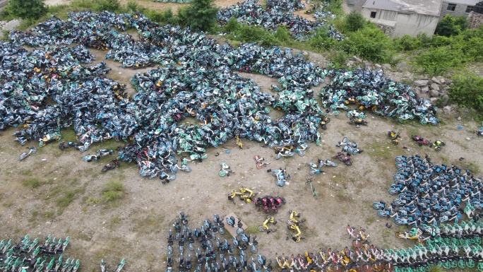 4K原素材-废弃的共享单车堆积场