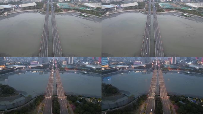 扬州明月湖大桥航拍车流延时摄影