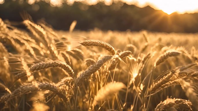 日落时分美丽黄色小麦在广阔金色农田中生长