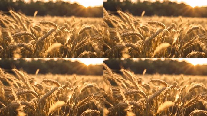 日落时分美丽黄色小麦在广阔金色农田中生长
