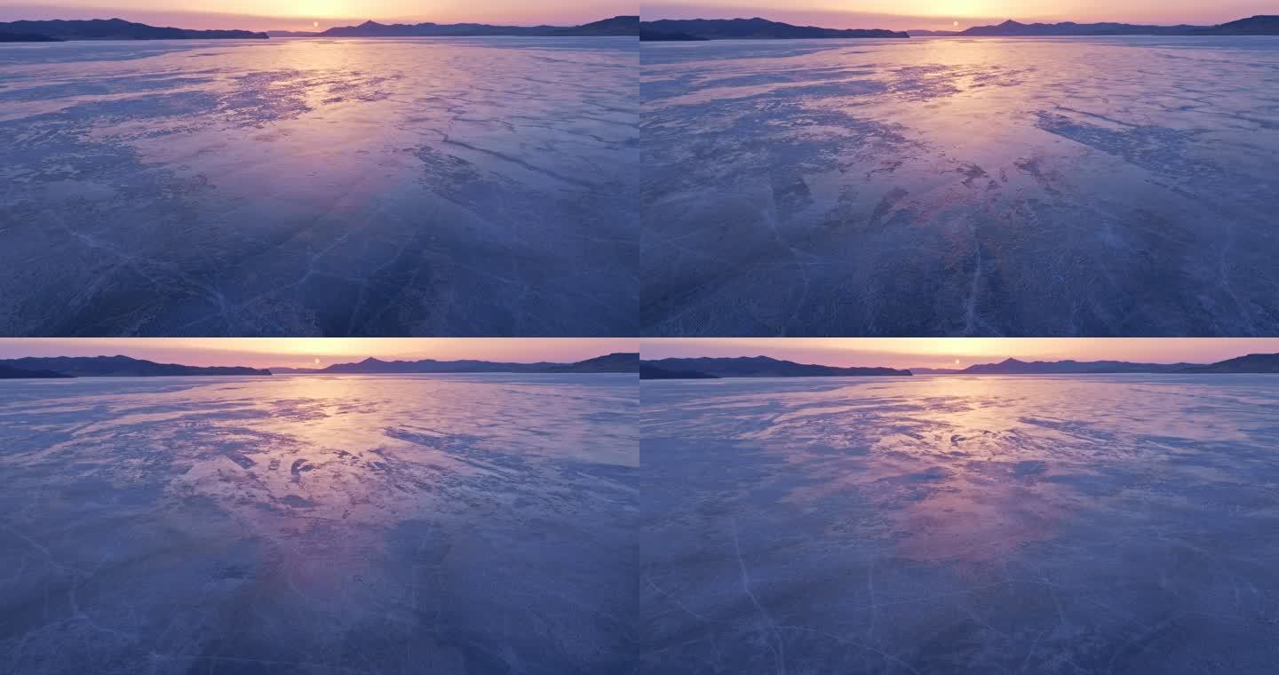 冰湖湖面日落夕阳水库