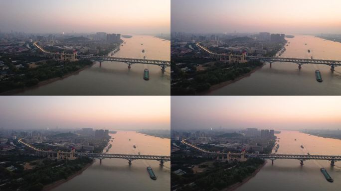 南京长江大桥城落日夕阳市风光航运交通航拍