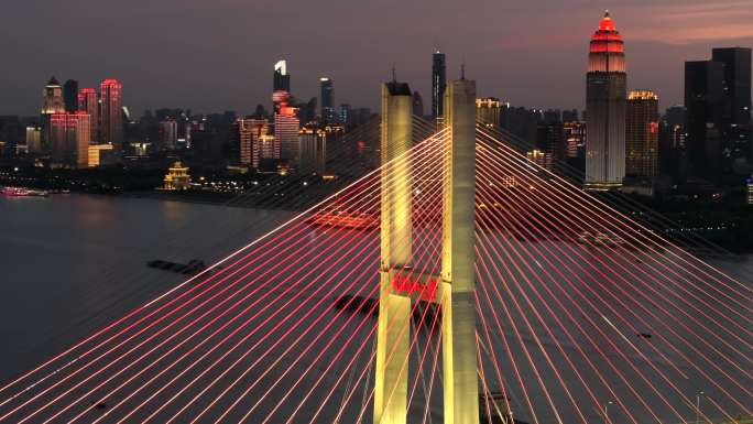 武汉长江二桥城市日落夜景航拍