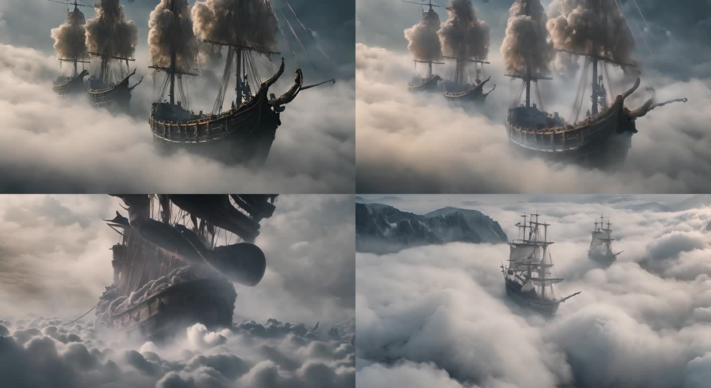 云海上的古代战船船只