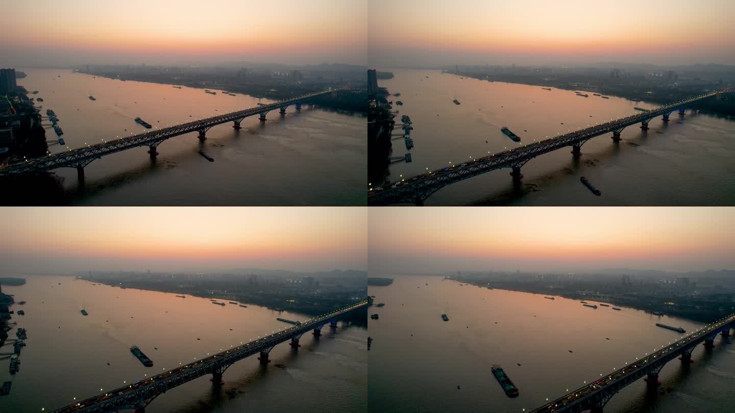 南京长江大桥城落日夕阳市风光航运交通航拍