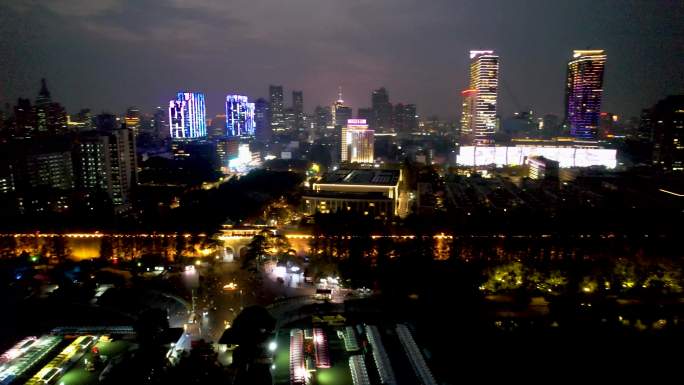 南京夜景玄武湖城市风光晚霞落日风光航拍