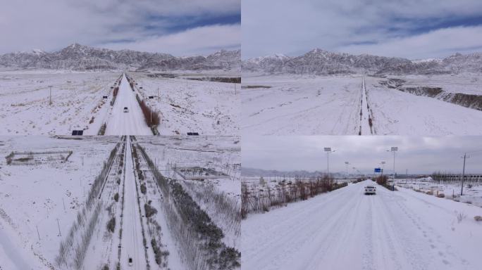 汽车行驶在冰天雪地航拍雪景公路德令哈