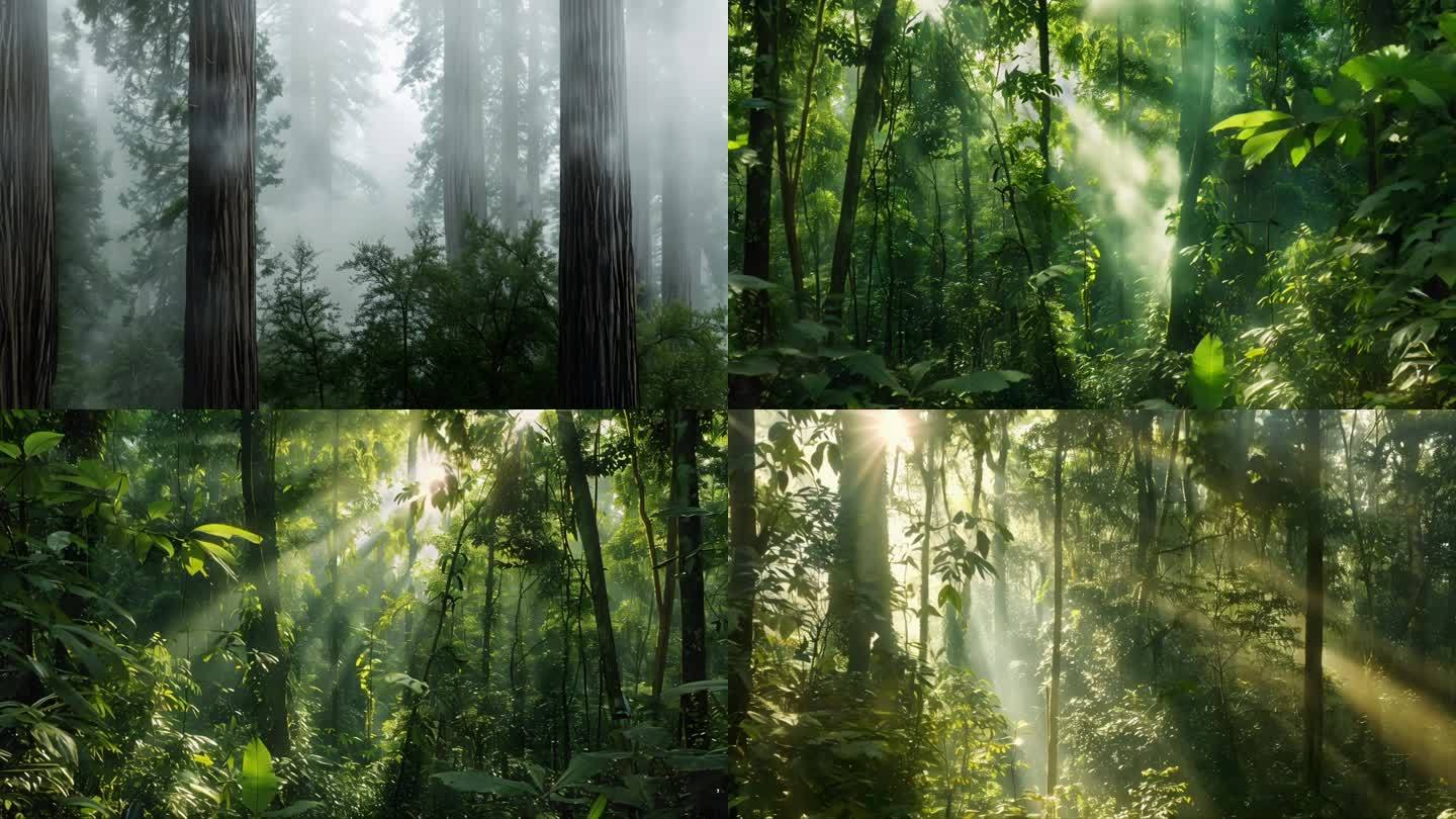 森林大自然 光影照射森林 云雾环绕森林