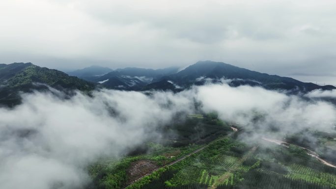 春天桂林山区雨后云雾缭绕中的高速公路