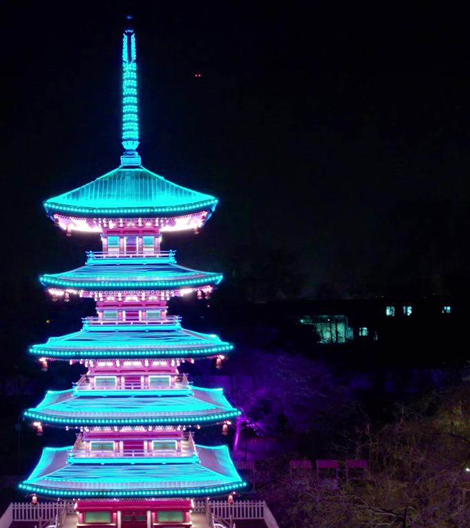 武汉市东湖樱花园五重塔夜景航拍4k竖屏