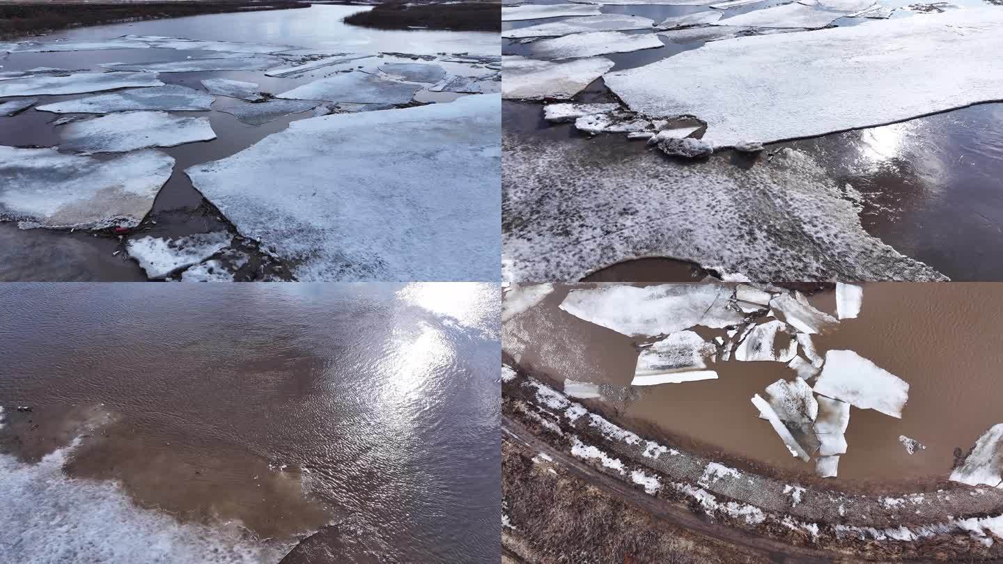 春季河流冰雪消融景象