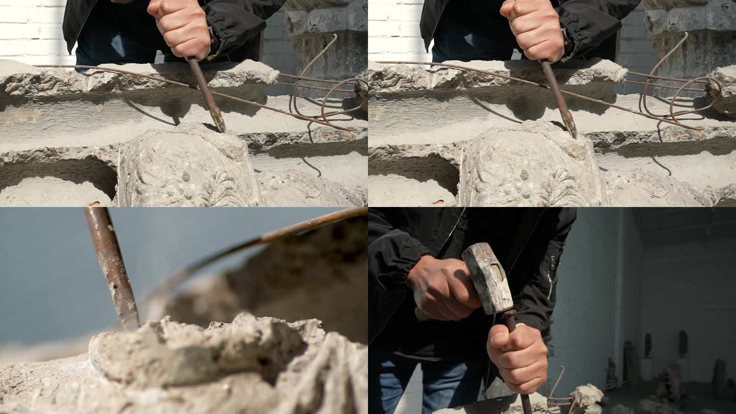 雕塑师开凿石材