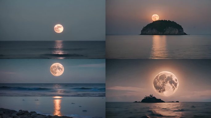 中秋之夜 海面月亮和海岛
