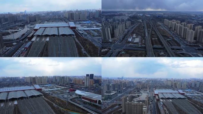 4k哈尔滨火车站高铁站和谐号火车出站