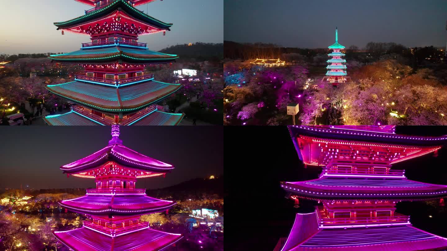 武汉市东湖樱花园五重塔夜景航拍4k